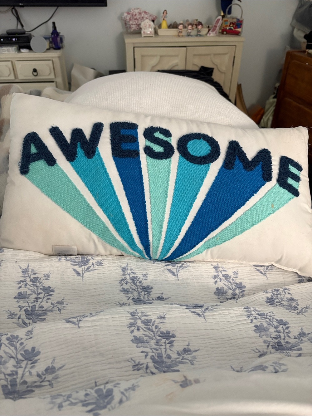 "Awesome" Decorative Throw Pillow in White and Blue 12 x 21
